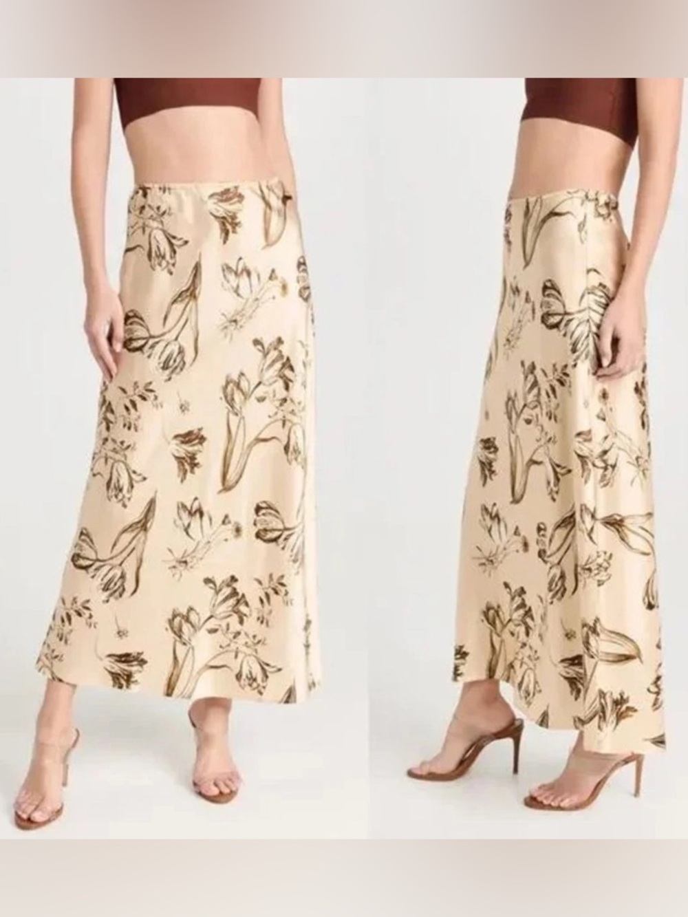 Reformation Layla silk slip skirt 10 floral neutral olive cream